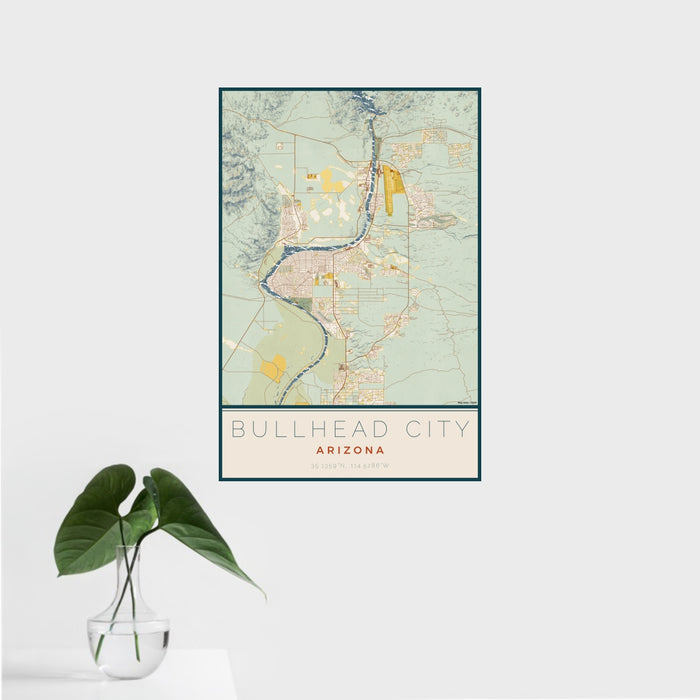 16x24 Bullhead City Arizona Map Print Portrait Orientation in Woodblock Style With Tropical Plant Leaves in Water
