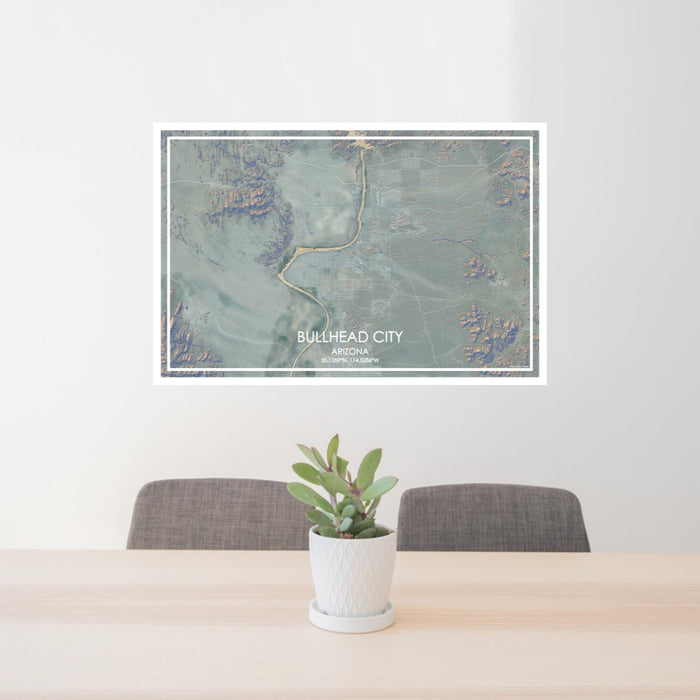 24x36 Bullhead City Arizona Map Print Lanscape Orientation in Afternoon Style Behind 2 Chairs Table and Potted Plant