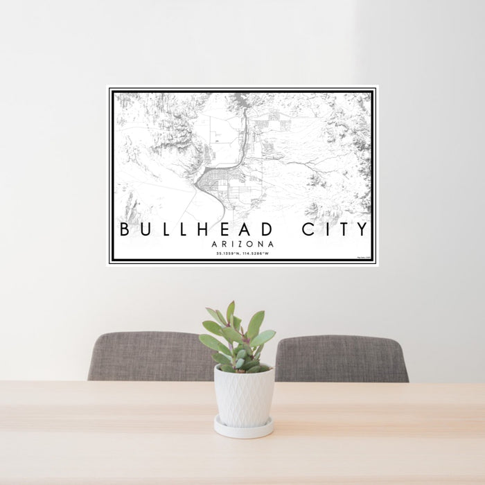 24x36 Bullhead City Arizona Map Print Lanscape Orientation in Classic Style Behind 2 Chairs Table and Potted Plant