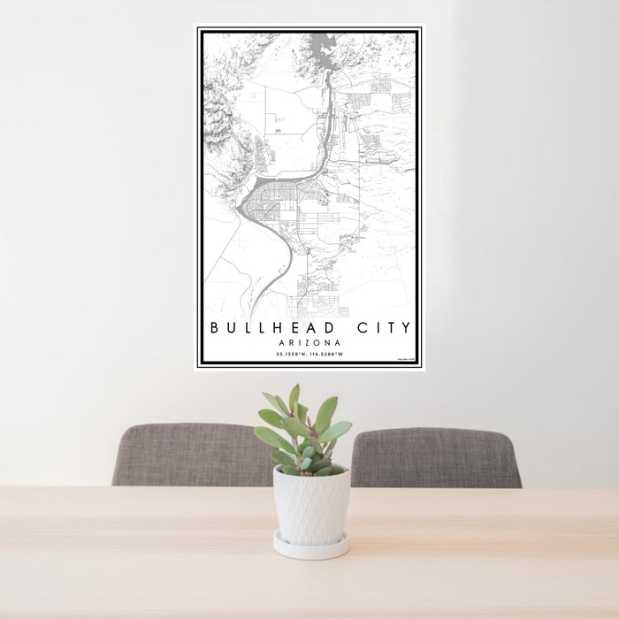 24x36 Bullhead City Arizona Map Print Portrait Orientation in Classic Style Behind 2 Chairs Table and Potted Plant