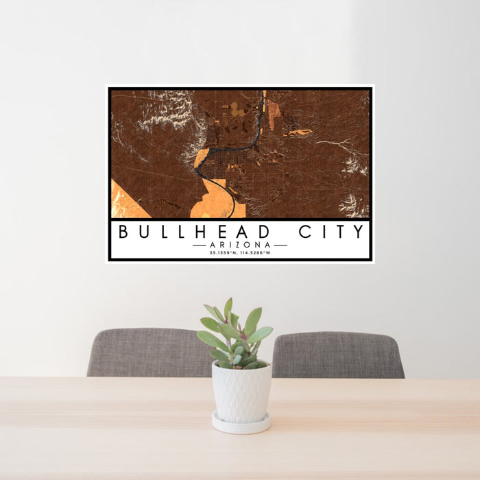 24x36 Bullhead City Arizona Map Print Lanscape Orientation in Ember Style Behind 2 Chairs Table and Potted Plant