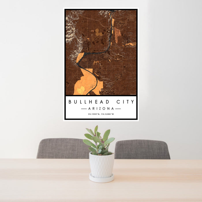 24x36 Bullhead City Arizona Map Print Portrait Orientation in Ember Style Behind 2 Chairs Table and Potted Plant