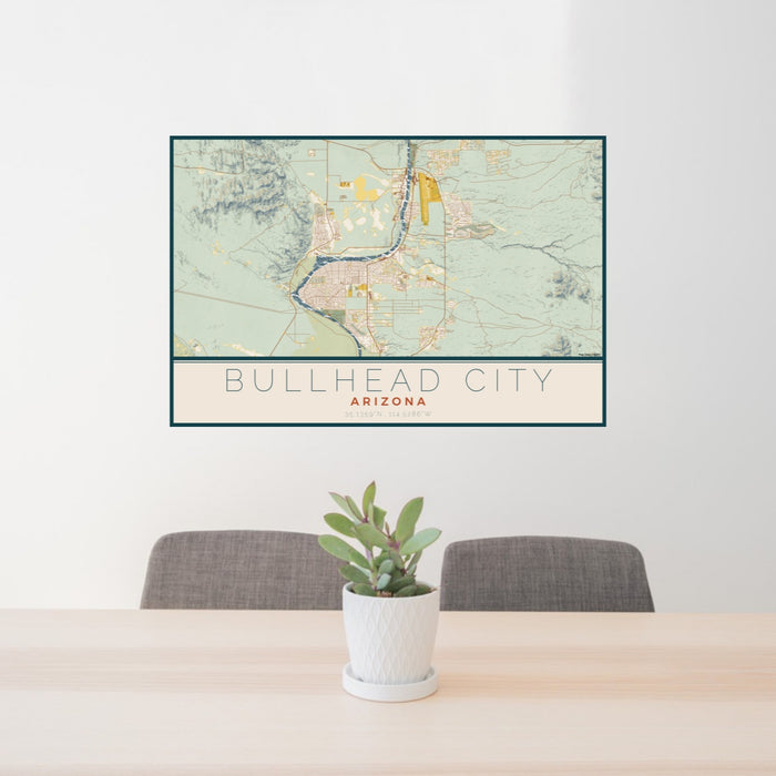 24x36 Bullhead City Arizona Map Print Lanscape Orientation in Woodblock Style Behind 2 Chairs Table and Potted Plant