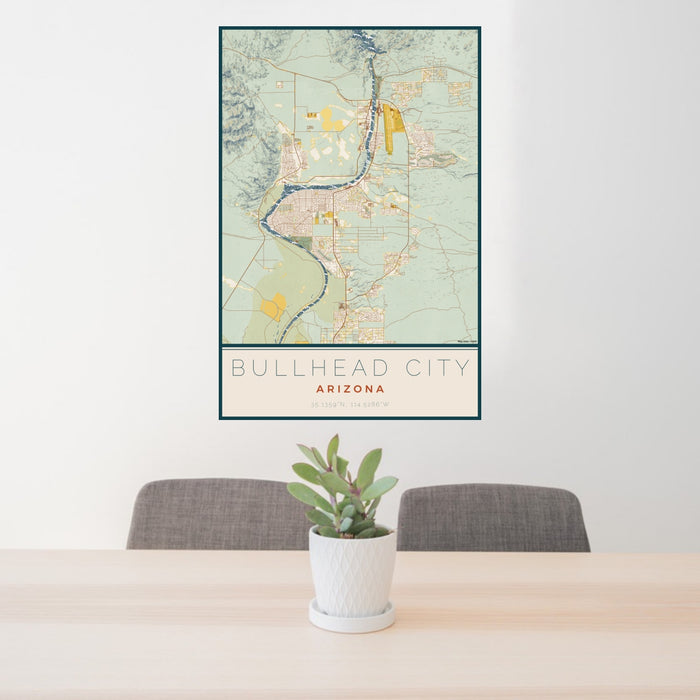 24x36 Bullhead City Arizona Map Print Portrait Orientation in Woodblock Style Behind 2 Chairs Table and Potted Plant