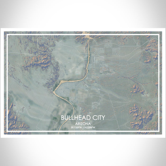 Bullhead City Arizona Map Print Landscape Orientation in Afternoon Style With Shaded Background