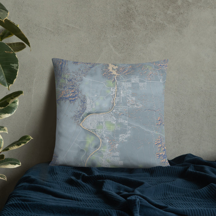 Custom Bullhead City Arizona Map Throw Pillow in Afternoon on Bedding Against Wall