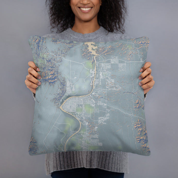 Person holding 18x18 Custom Bullhead City Arizona Map Throw Pillow in Afternoon