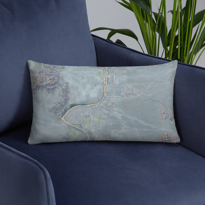 Custom Bullhead City Arizona Map Throw Pillow in Afternoon on Blue Colored Chair