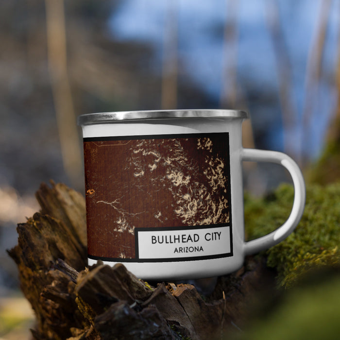 Right View Custom Bullhead City Arizona Map Enamel Mug in Ember on Grass With Trees in Background