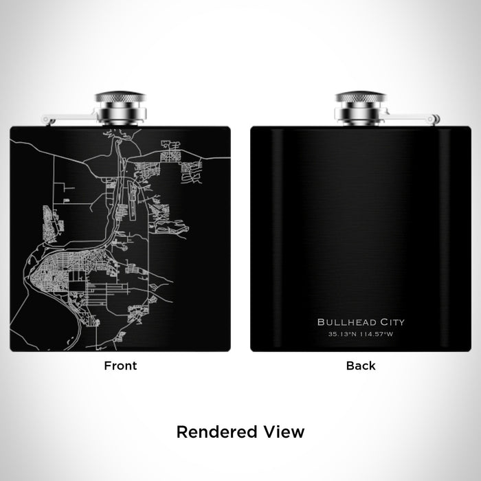 Rendered View of Bullhead City Arizona Map Engraving on 6oz Stainless Steel Flask in Black