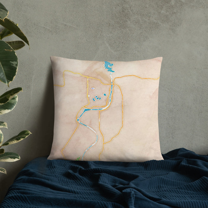 Custom Bullhead City Arizona Map Throw Pillow in Watercolor on Bedding Against Wall