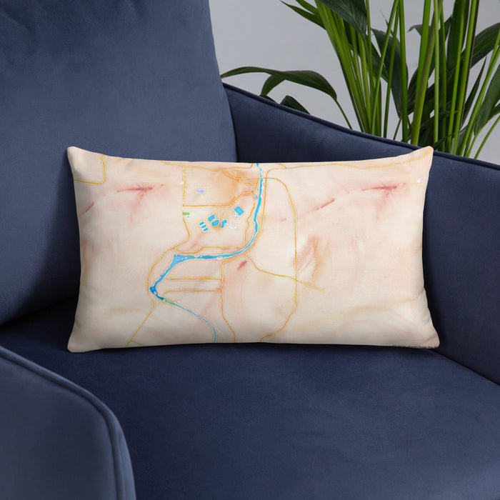 Custom Bullhead City Arizona Map Throw Pillow in Watercolor on Blue Colored Chair