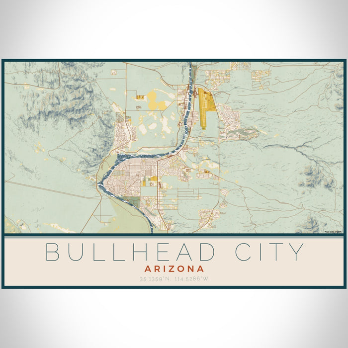 Bullhead City Arizona Map Print Landscape Orientation in Woodblock Style With Shaded Background