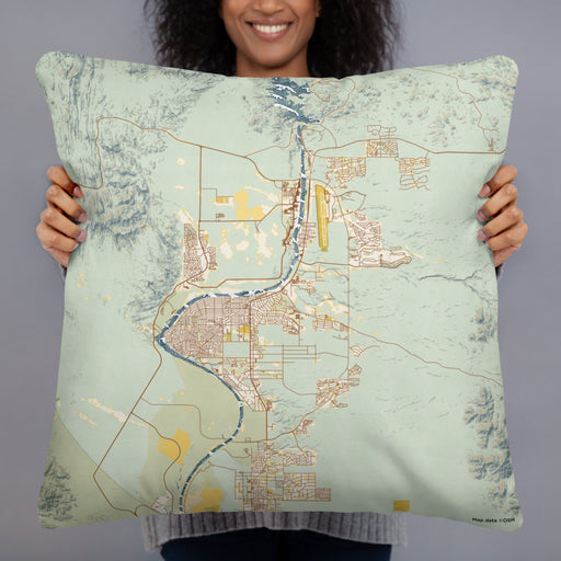 Person holding 22x22 Custom Bullhead City Arizona Map Throw Pillow in Woodblock