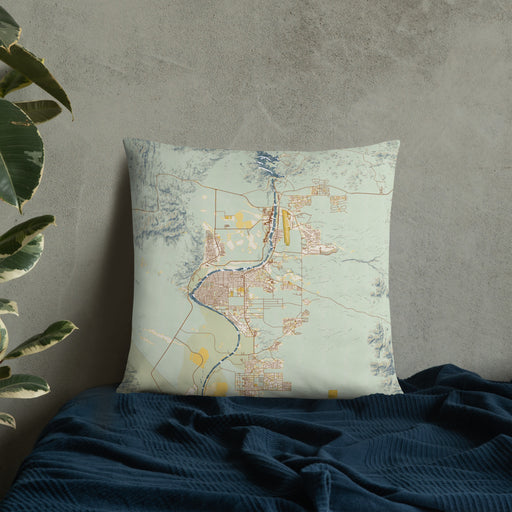 Custom Bullhead City Arizona Map Throw Pillow in Woodblock on Bedding Against Wall
