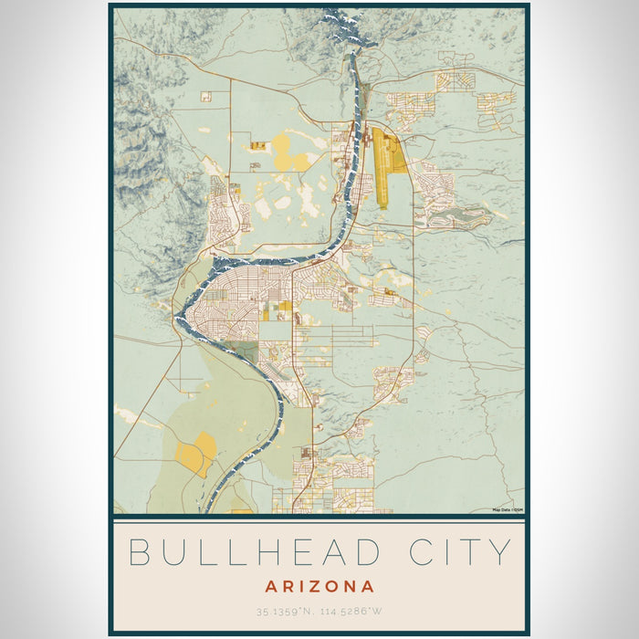 Bullhead City Arizona Map Print Portrait Orientation in Woodblock Style With Shaded Background