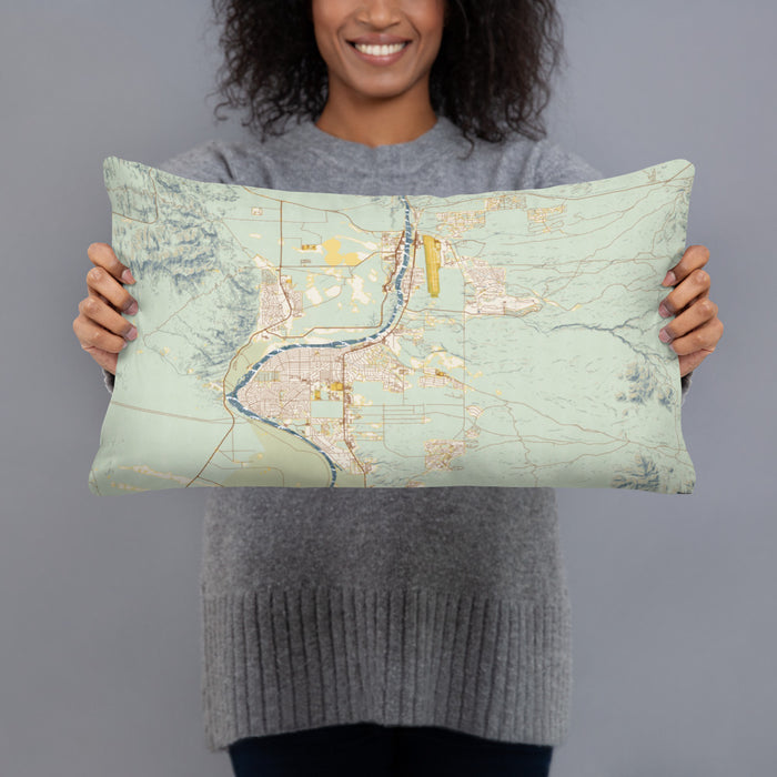 Person holding 20x12 Custom Bullhead City Arizona Map Throw Pillow in Woodblock
