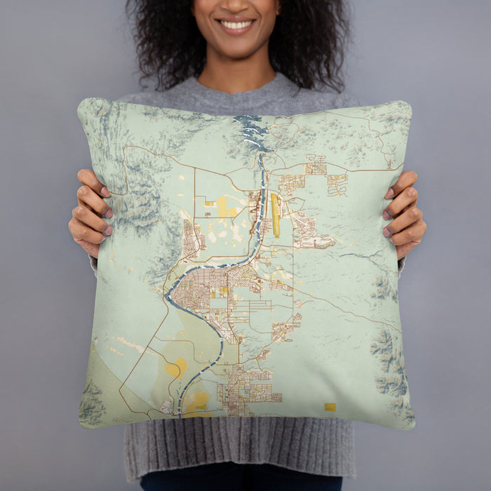Person holding 18x18 Custom Bullhead City Arizona Map Throw Pillow in Woodblock
