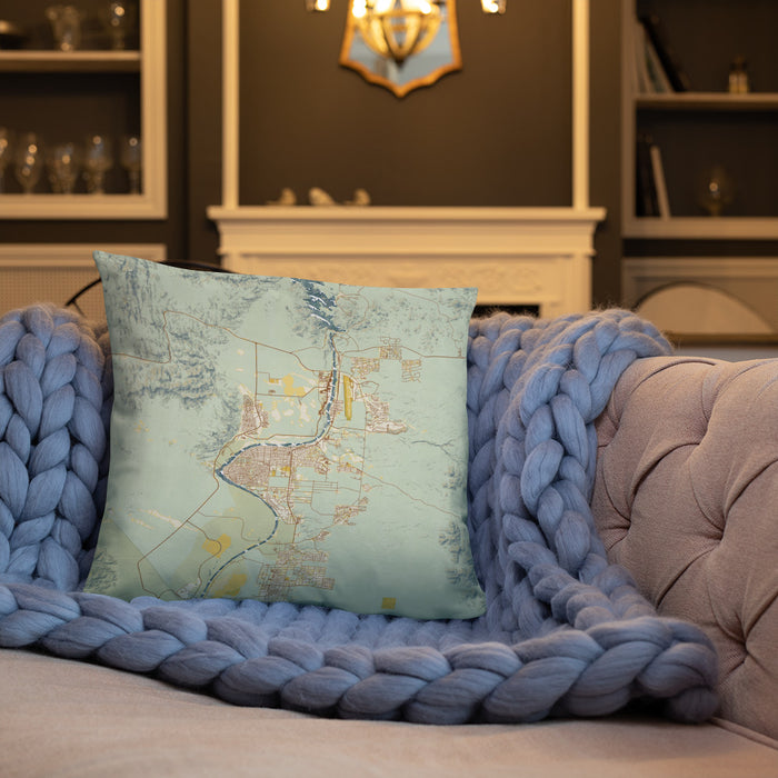 Custom Bullhead City Arizona Map Throw Pillow in Woodblock on Cream Colored Couch