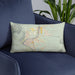 Custom Bullhead City Arizona Map Throw Pillow in Woodblock on Blue Colored Chair