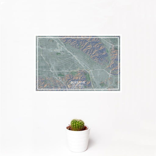 12x18 Burbank California Map Print Landscape Orientation in Afternoon Style With Small Cactus Plant in White Planter