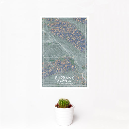 12x18 Burbank California Map Print Portrait Orientation in Afternoon Style With Small Cactus Plant in White Planter