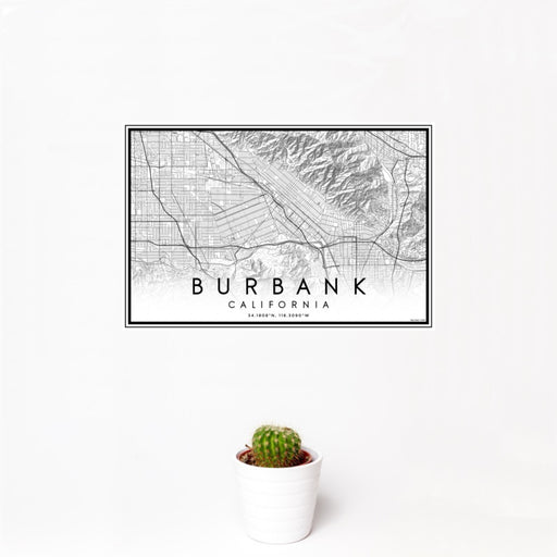 12x18 Burbank California Map Print Landscape Orientation in Classic Style With Small Cactus Plant in White Planter