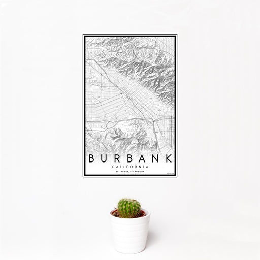 12x18 Burbank California Map Print Portrait Orientation in Classic Style With Small Cactus Plant in White Planter