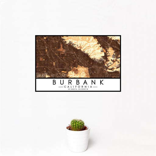12x18 Burbank California Map Print Landscape Orientation in Ember Style With Small Cactus Plant in White Planter