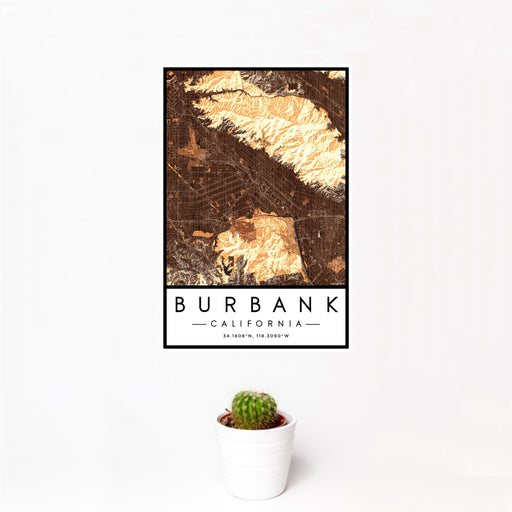 12x18 Burbank California Map Print Portrait Orientation in Ember Style With Small Cactus Plant in White Planter