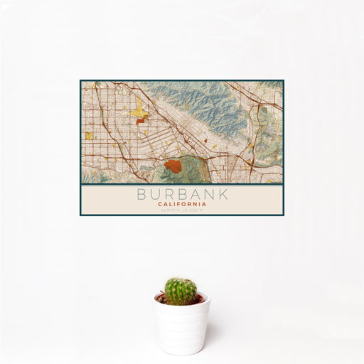 12x18 Burbank California Map Print Landscape Orientation in Woodblock Style With Small Cactus Plant in White Planter