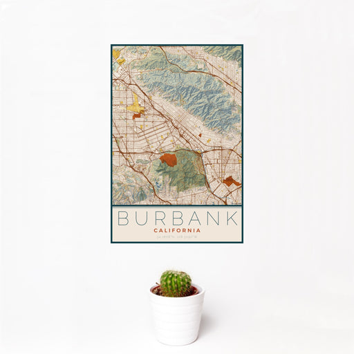 12x18 Burbank California Map Print Portrait Orientation in Woodblock Style With Small Cactus Plant in White Planter