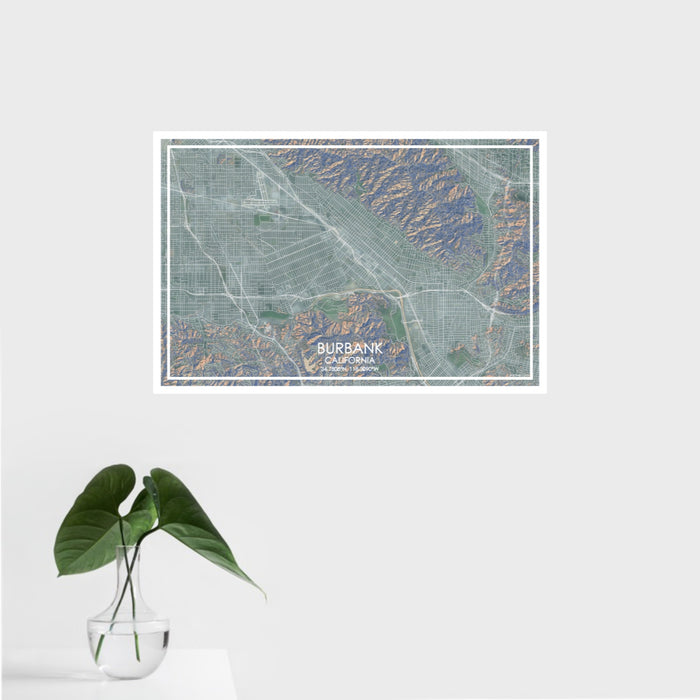16x24 Burbank California Map Print Landscape Orientation in Afternoon Style With Tropical Plant Leaves in Water