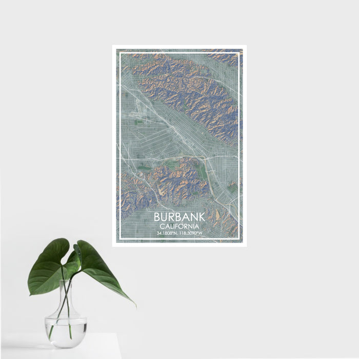 16x24 Burbank California Map Print Portrait Orientation in Afternoon Style With Tropical Plant Leaves in Water