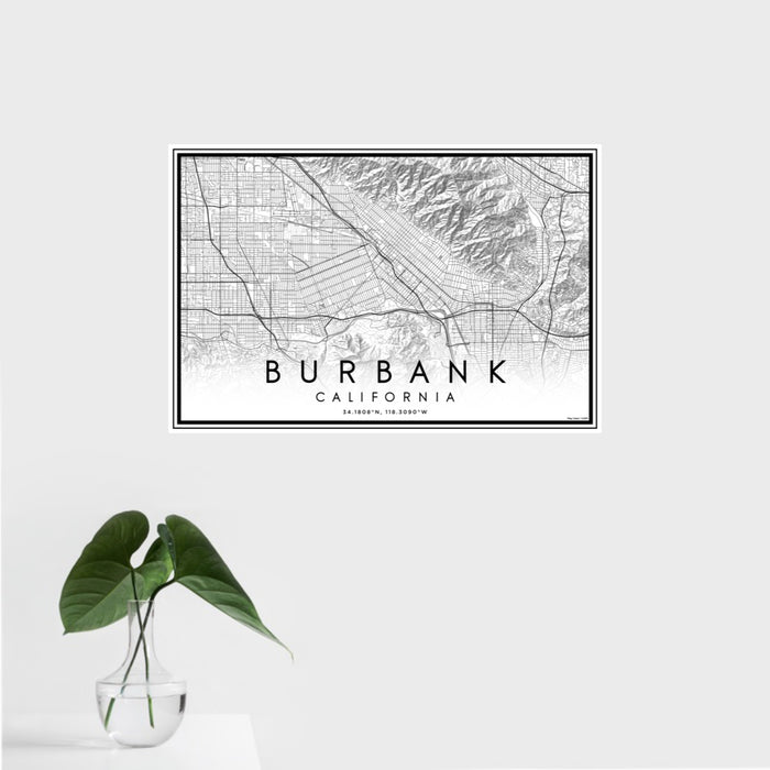 16x24 Burbank California Map Print Landscape Orientation in Classic Style With Tropical Plant Leaves in Water