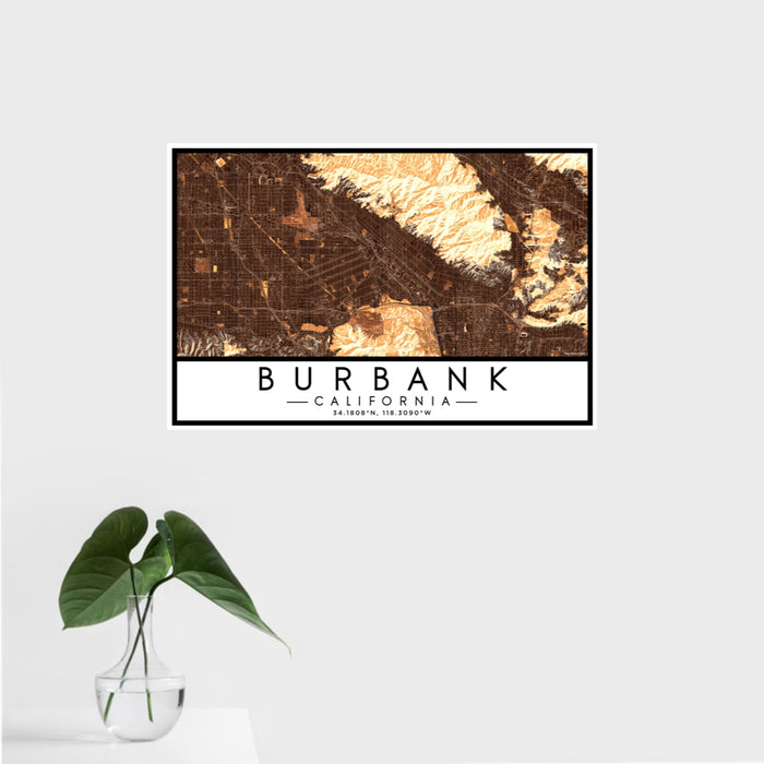 16x24 Burbank California Map Print Landscape Orientation in Ember Style With Tropical Plant Leaves in Water