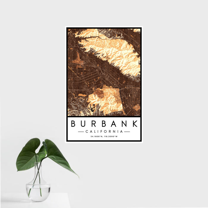 16x24 Burbank California Map Print Portrait Orientation in Ember Style With Tropical Plant Leaves in Water