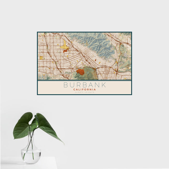16x24 Burbank California Map Print Landscape Orientation in Woodblock Style With Tropical Plant Leaves in Water