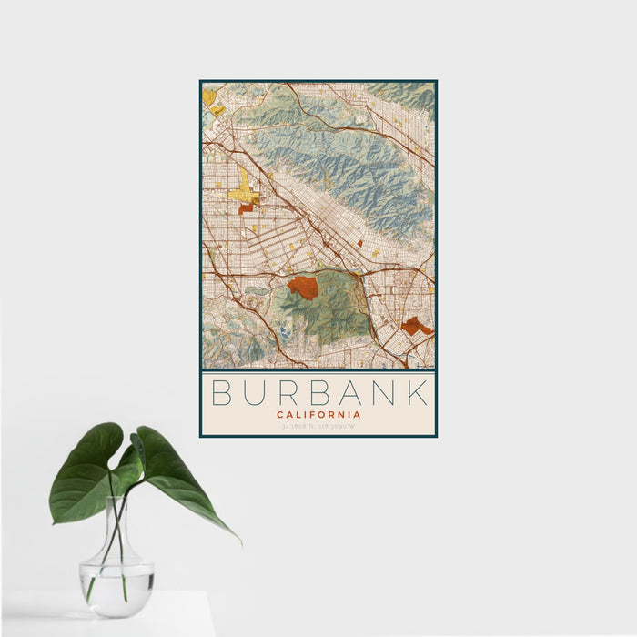 16x24 Burbank California Map Print Portrait Orientation in Woodblock Style With Tropical Plant Leaves in Water