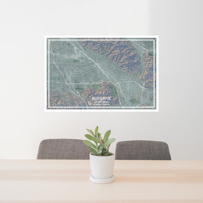24x36 Burbank California Map Print Lanscape Orientation in Afternoon Style Behind 2 Chairs Table and Potted Plant