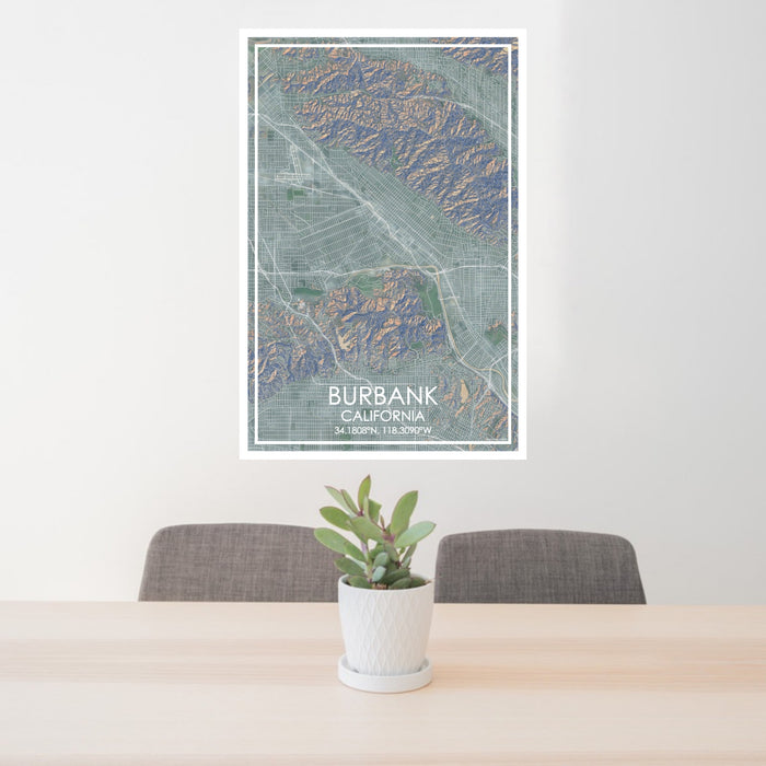 24x36 Burbank California Map Print Portrait Orientation in Afternoon Style Behind 2 Chairs Table and Potted Plant