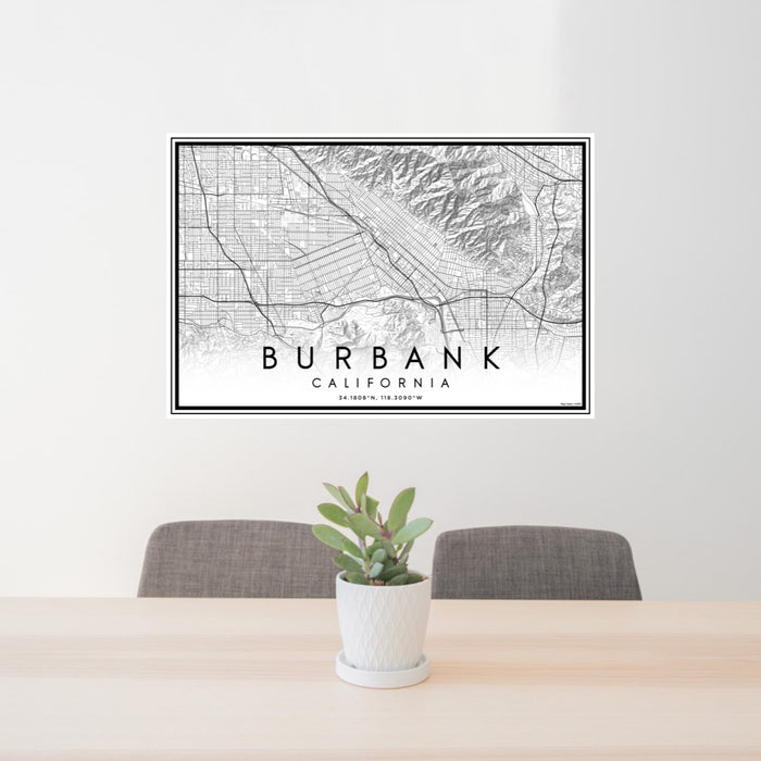 24x36 Burbank California Map Print Lanscape Orientation in Classic Style Behind 2 Chairs Table and Potted Plant