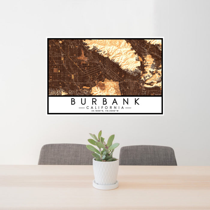 24x36 Burbank California Map Print Lanscape Orientation in Ember Style Behind 2 Chairs Table and Potted Plant