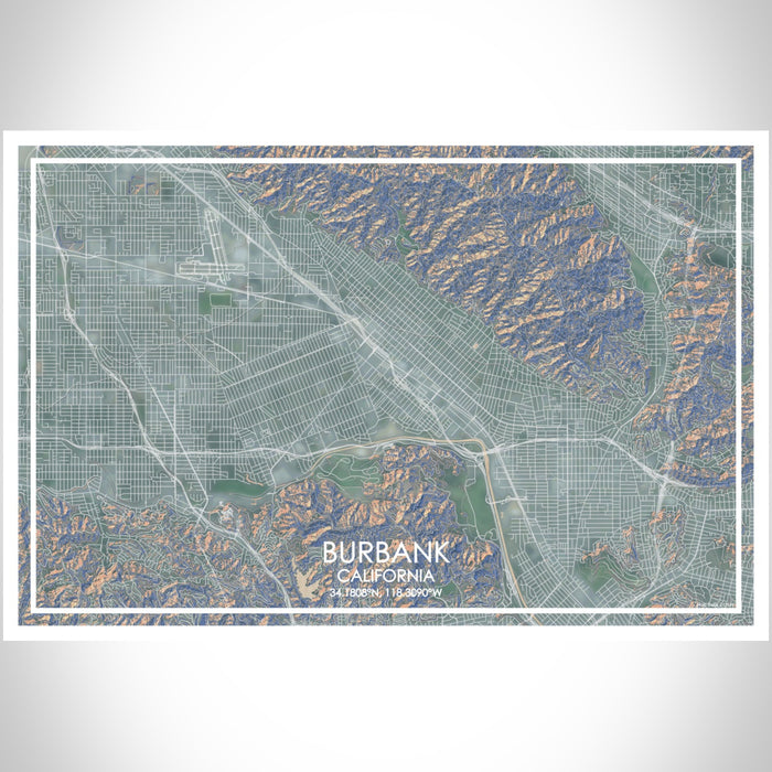 Burbank California Map Print Landscape Orientation in Afternoon Style With Shaded Background