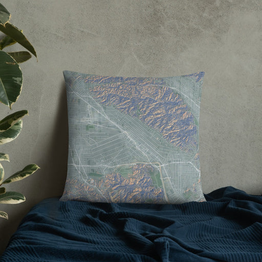 Custom Burbank California Map Throw Pillow in Afternoon on Bedding Against Wall