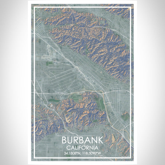 Burbank California Map Print Portrait Orientation in Afternoon Style With Shaded Background
