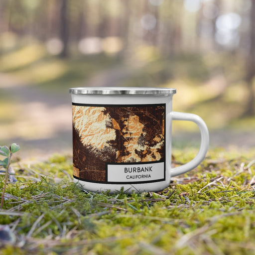 Right View Custom Burbank California Map Enamel Mug in Ember on Grass With Trees in Background