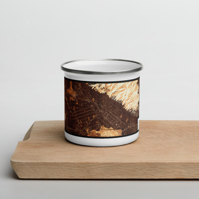 Front View Custom Burbank California Map Enamel Mug in Ember on Cutting Board
