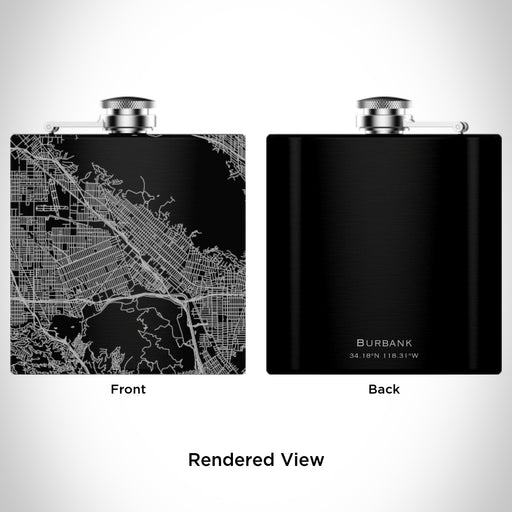 Rendered View of Burbank California Map Engraving on 6oz Stainless Steel Flask in Black