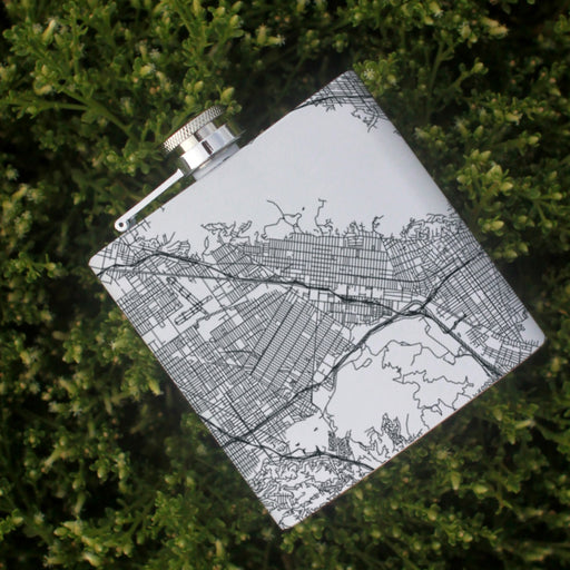 Burbank California Custom Engraved City Map Inscription Coordinates on 6oz Stainless Steel Flask in White